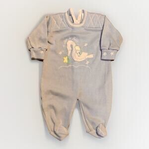 Vintage Baby Blue Knit Sleeper Footed Romper 6-9 Months Swan Design